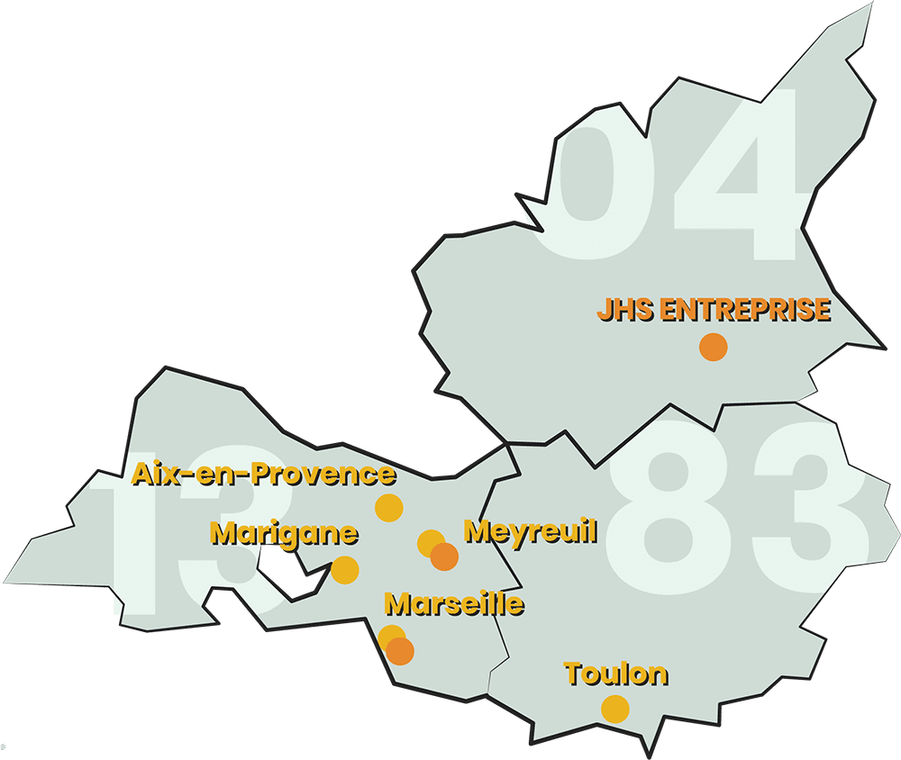 Carte des zones d'intervention JHS Entreprise : Bouches-du-Rhône (13), Alpes-de-Haute-Provence (04) et Var (83)